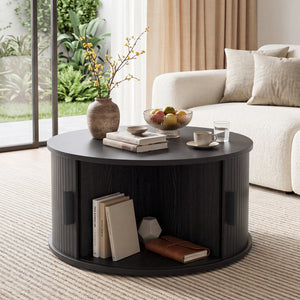 31.5" Round Coffee Table with Storage and Sliding Tambour Door for Living Room-Black