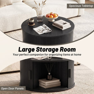 31.5" Round Coffee Table with Storage and Sliding Tambour Door for Living Room-Black