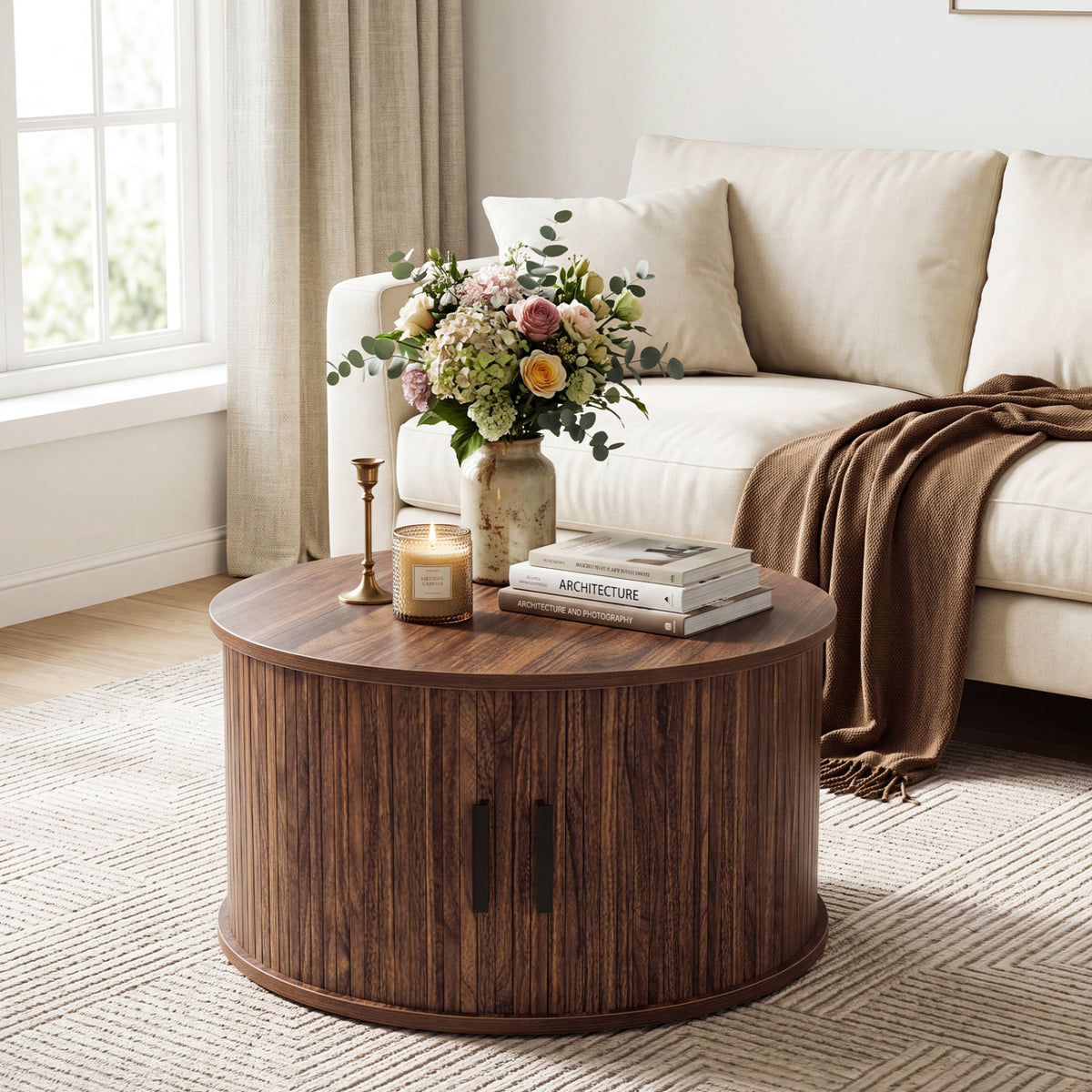 31.5" Round Coffee Table with Storage and Sliding Tambour Door for Living Room-Walnut