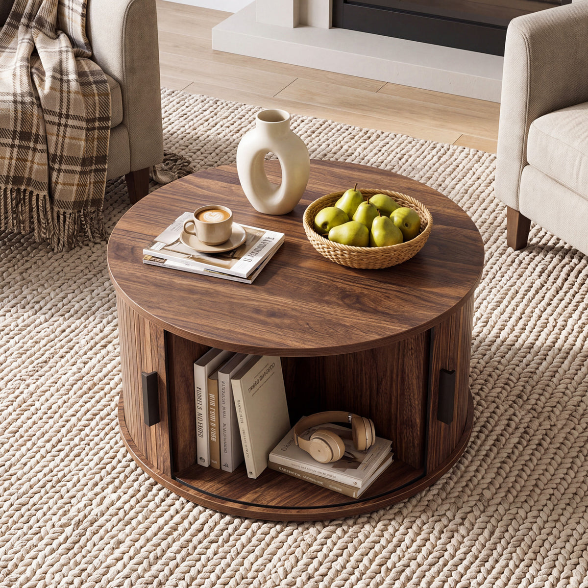 31.5" Round Coffee Table with Storage and Sliding Tambour Door for Living Room-Walnut