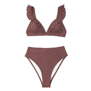 V-neck Ruffled High-waist Bikini Sets Swimsuit Womens Ruffle Flounce Triangle Bathing Suits Cute Two Piece Swimsuits Women Solid Brown Two Pieces Swimwear New Beach Bathing Suits