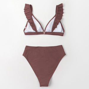 V-neck Ruffled High-waist Bikini Sets Swimsuit Womens Ruffle Flounce Triangle Bathing Suits Cute Two Piece Swimsuits Women Solid Brown Two Pieces Swimwear New Beach Bathing Suits