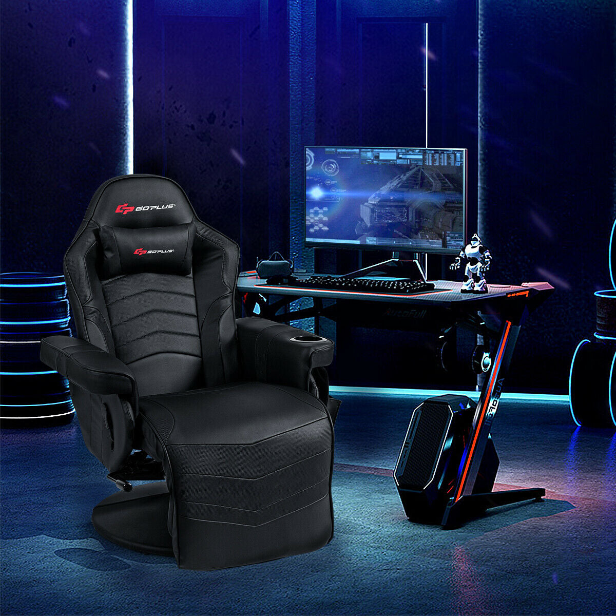 Ergonomic High Back Massage Gaming Chair with Pillow-Blue