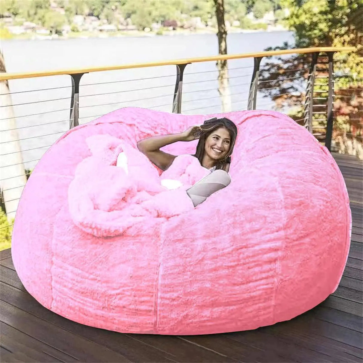 Giant Bean Bag Chair Cover(No Filler)Oversized Round Soft Fluffy PV Velvet Washable Lazy Sofa Bean Bag Bed Cover for Adults Living Room Bedroom Furniture Outside Cover (Pink 5FT)