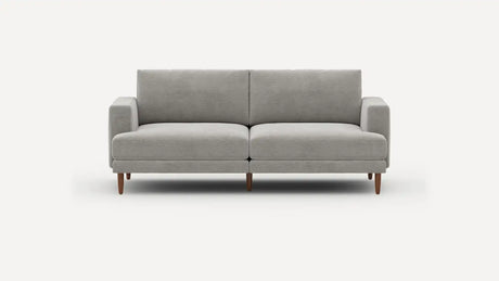Introducing the Ember Mid-Century Modern 75" Sofa: a sleek gray sofa with a minimalist design, complete with two seat cushions and backrests. It features slim, straight armrests and wooden legs, beautifully showcased against a plain white background.