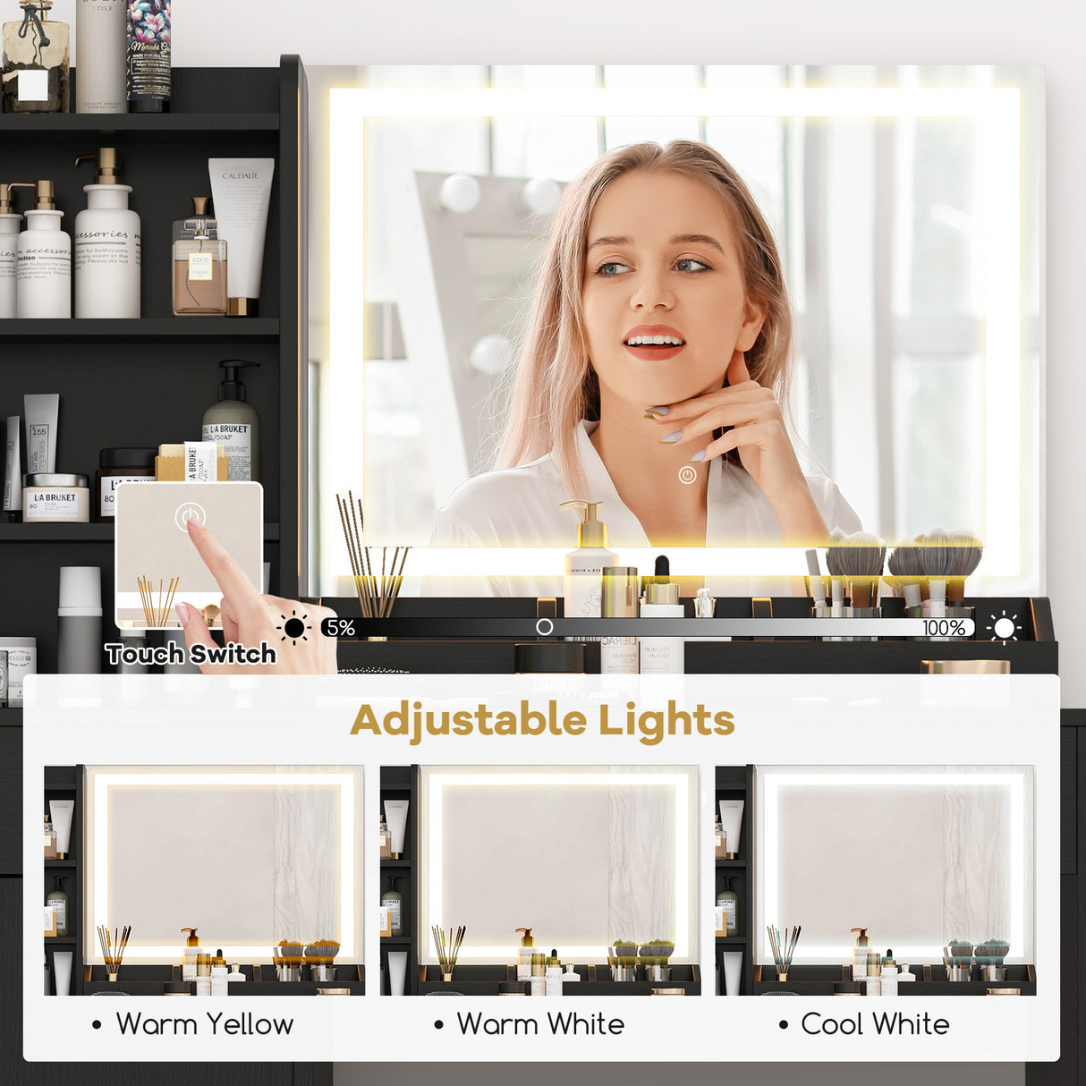 Vanity Dressing Table and Chair Set with Mirror and Lights-Black