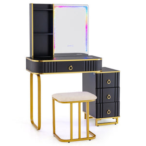 Vanity Table Set with RGB LED Lights and Wireless Charging Station-Black