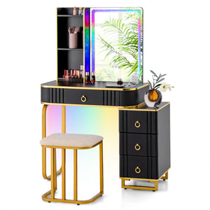 Vanity Table Set with RGB LED Lights and Wireless Charging Station-Black