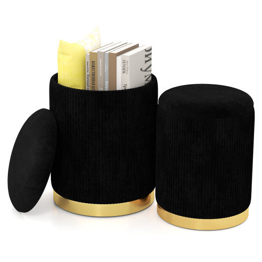 Velvet/Linen Fabric Storage Ottoman Set of 2-Black