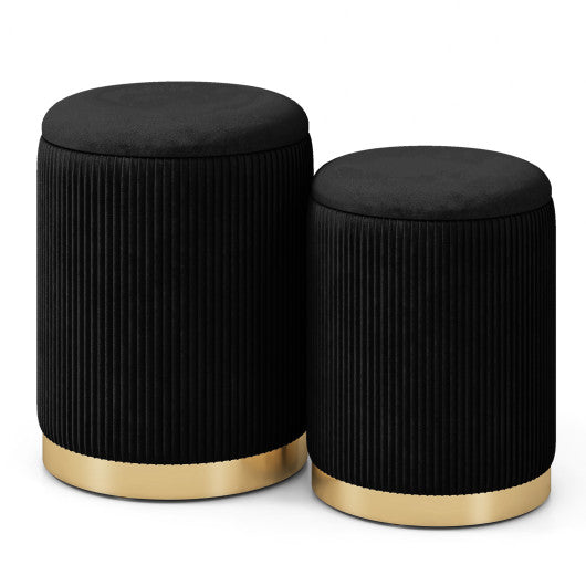 Velvet/Linen Fabric Storage Ottoman Set of 2-Black