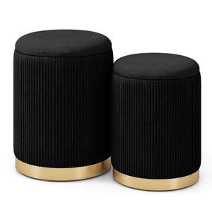 Velvet/Linen Fabric Storage Ottoman Set of 2-Black