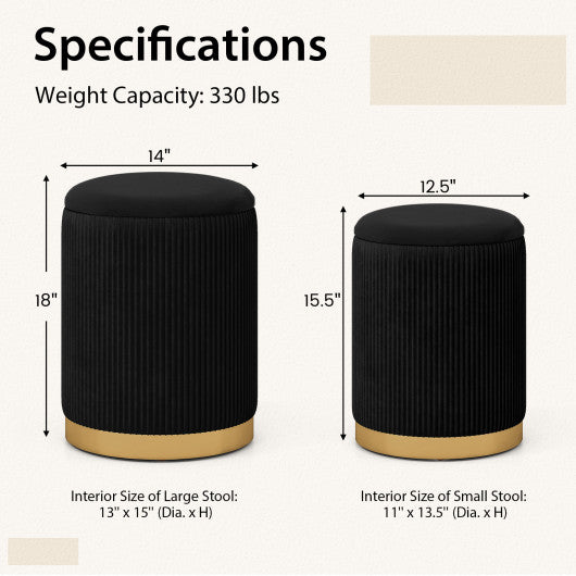 Velvet/Linen Fabric Storage Ottoman Set of 2-Black