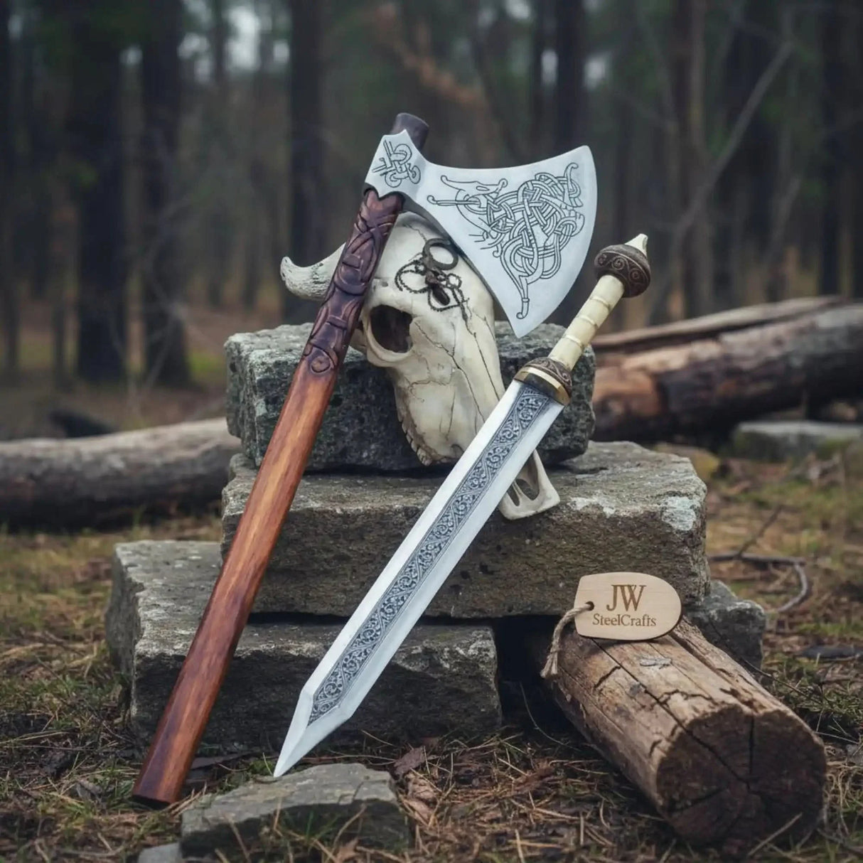 Custom Handmade Stainless Steel  Double Handed Viking axe set with Handmade Gladius piece