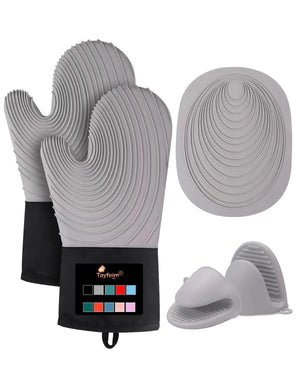 5Pcs Oven Mitts and Pot Holders 500°F High Heat Resistant Silicone Kitchen Oven Mitts Waterproof Non-Slip Easy to Clean Cotton Lined Oven Gloves BPA-Free Oven Mits Set for Baking and Cooking