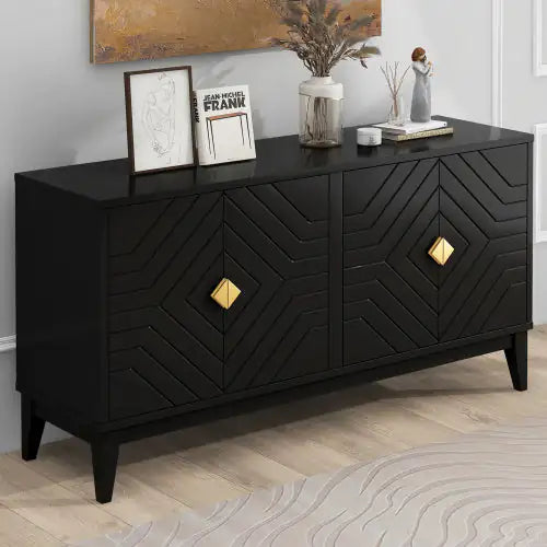 4-door Sideboard Storage Cabinet For Living And Dining Room, Two Large Cabinets With Gold Handle And Adjustable Shelves, Black