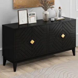 4-door Sideboard Storage Cabinet For Living And Dining Room, Two Large Cabinets With Gold Handle And Adjustable Shelves, Black