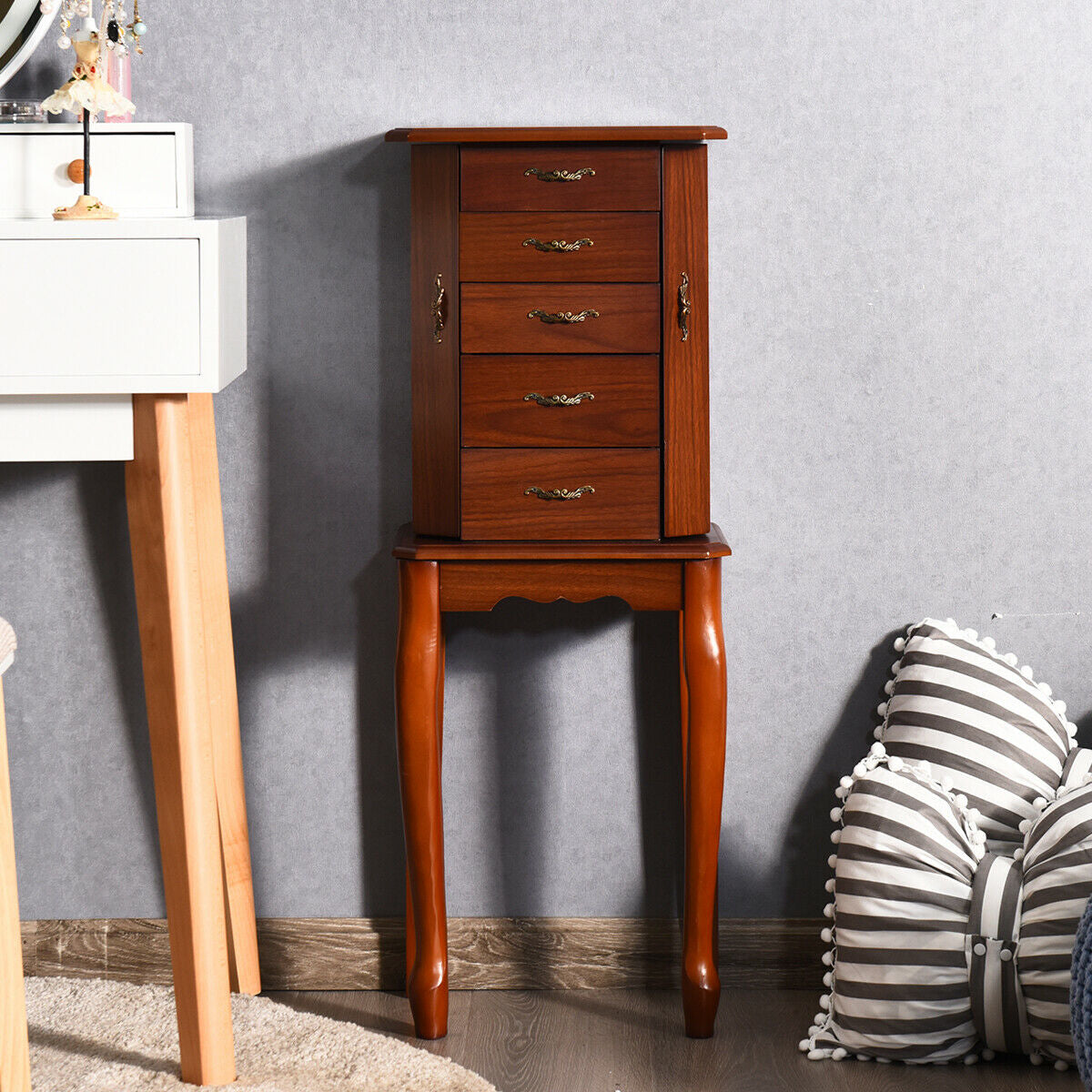 Large Storage Capacity Jewelry Cabinet with 5 Drawers-Walnut