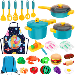 Kids Play Kitchen Accessories Set Pretend Play Cooking Toys Set Kitchen Toys Playset for Toddlers Toy Pots and Pans for Kids Kitchen with Fake Play Food Cookware Utensils Dishes Girls Boys Gift