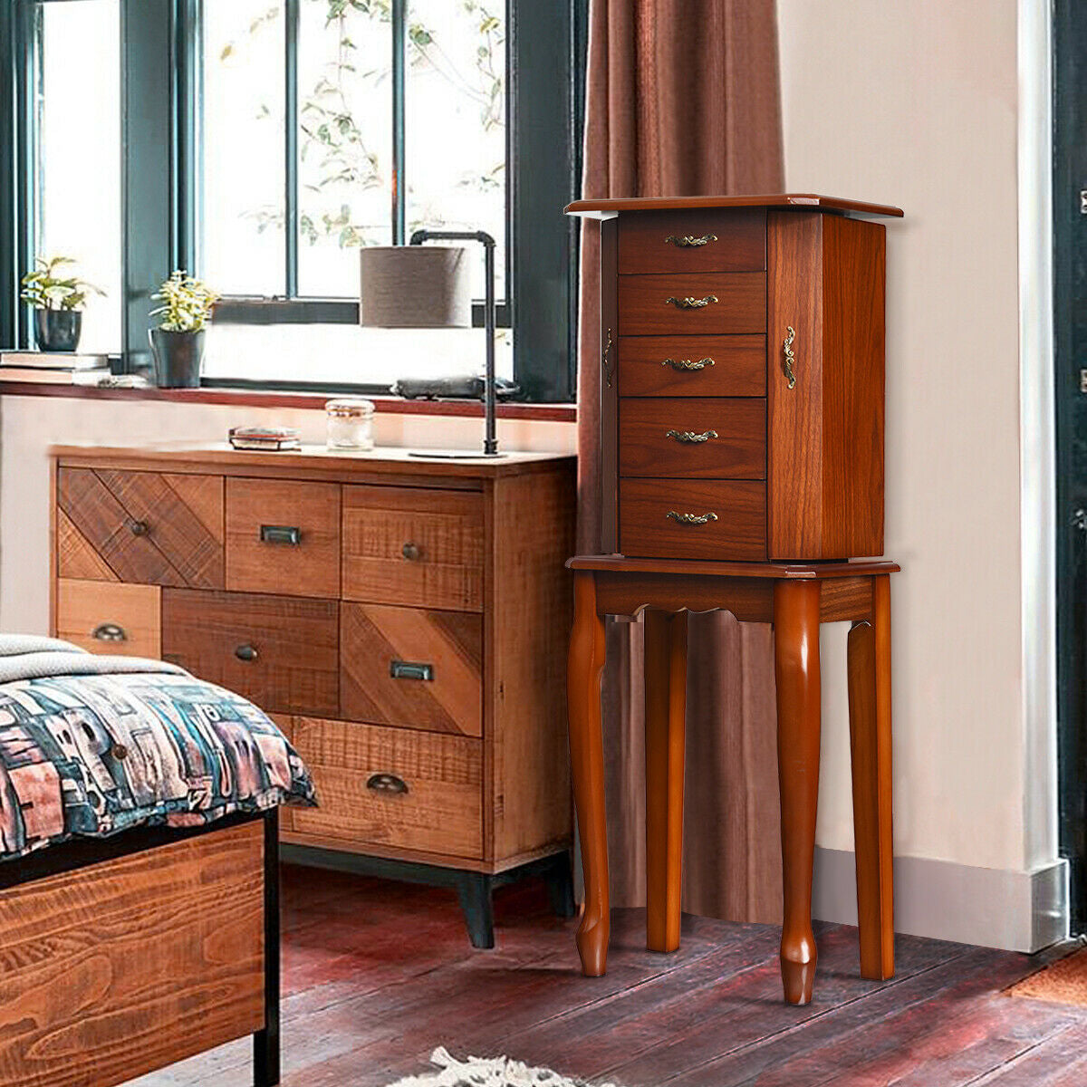 Large Storage Capacity Jewelry Cabinet with 5 Drawers-Walnut