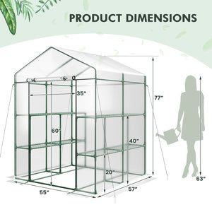 Walk-in Greenhouse with 3 Tiers 8 Shelves PVC Cover Roll-up Zippered Door-Transparent