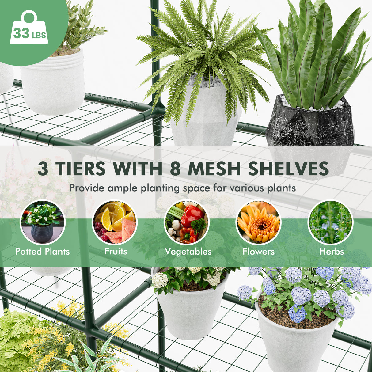 Walk-in Greenhouse with 3 Tiers 8 Shelves PVC Cover Roll-up Zippered Door-Transparent