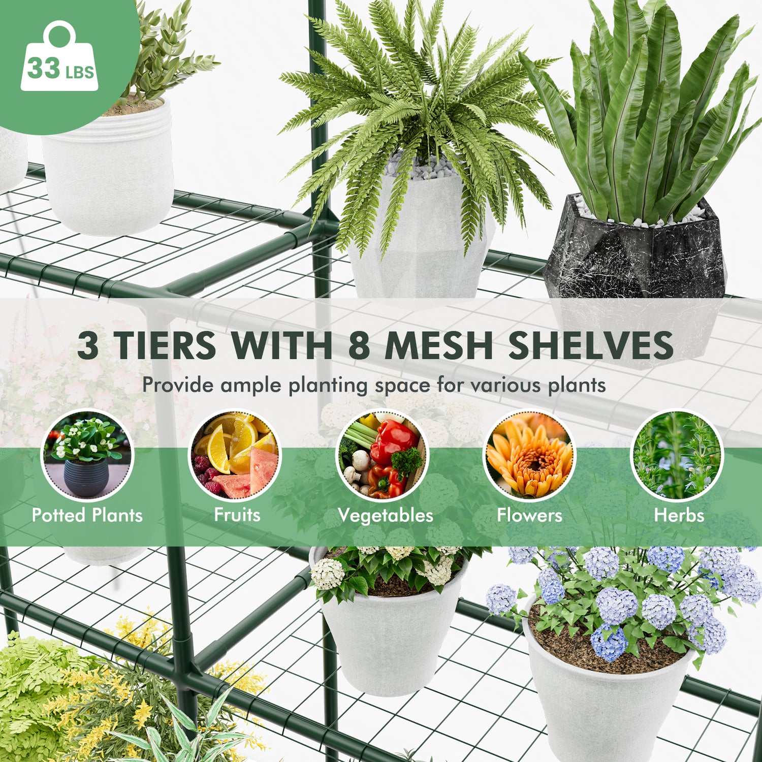 Walk-in Greenhouse with 3 Tiers 8 Shelves PVC Cover Roll-up Zippered Door-Transparent