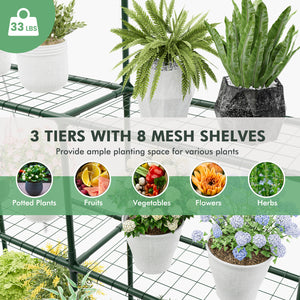 Walk-in Greenhouse with 3 Tiers 8 Shelves PVC Cover Roll-up Zippered Door-Transparent