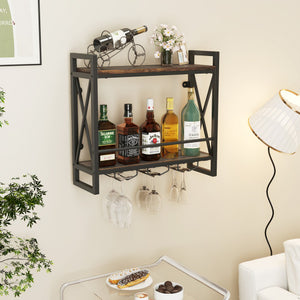 Wall Mounted Wine Rack with 2-Tier Shelves and 3 Glass Holders