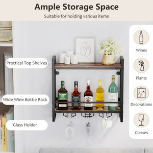 Wall Mounted Wine Rack with 2-Tier Shelves and 3 Glass Holders