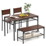 Industrial Style Rectangular Kitchen Table with Bench and Chairs-Walnut