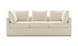 The Mitchell Gold + Bob Williams Dr Pitt Sofa is a modern, cream-colored, plush three-seater with clean lines and five matching cushions. Its minimalist design not only looks comfortable but also makes it ideal for a contemporary living room setting.