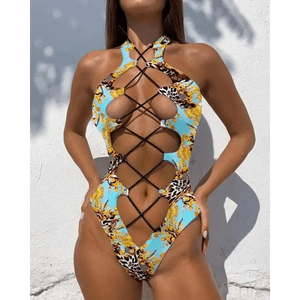 White One Piece Women Fashion Lace-up Plunge Swimsuit Sleeveless Solid Swimwear For Girls