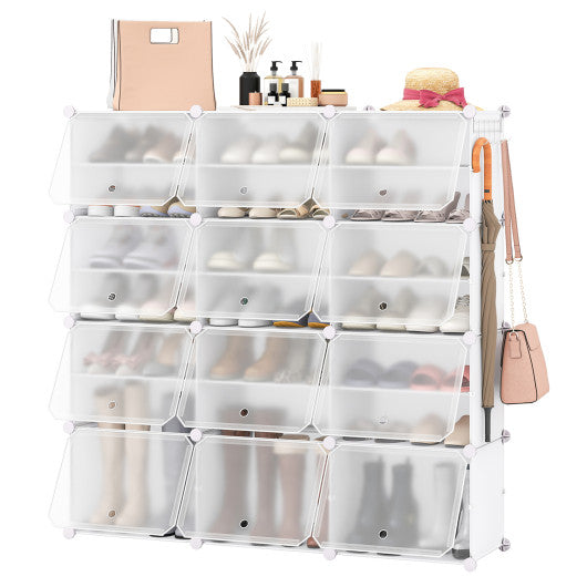 12-Cube 48 Pairs Portable Shoe Shelves with Hook-White