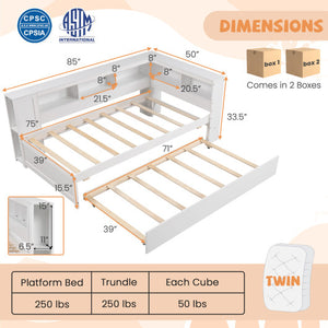 Twin Size Daybed Platform Bed Frame with Trundle and Bedside Shelves-White