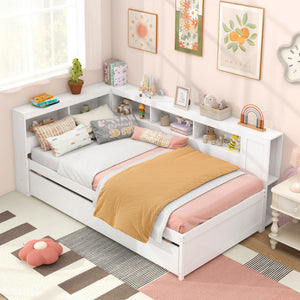 Twin Size Daybed Platform Bed Frame with Trundle and Bedside Shelves-White