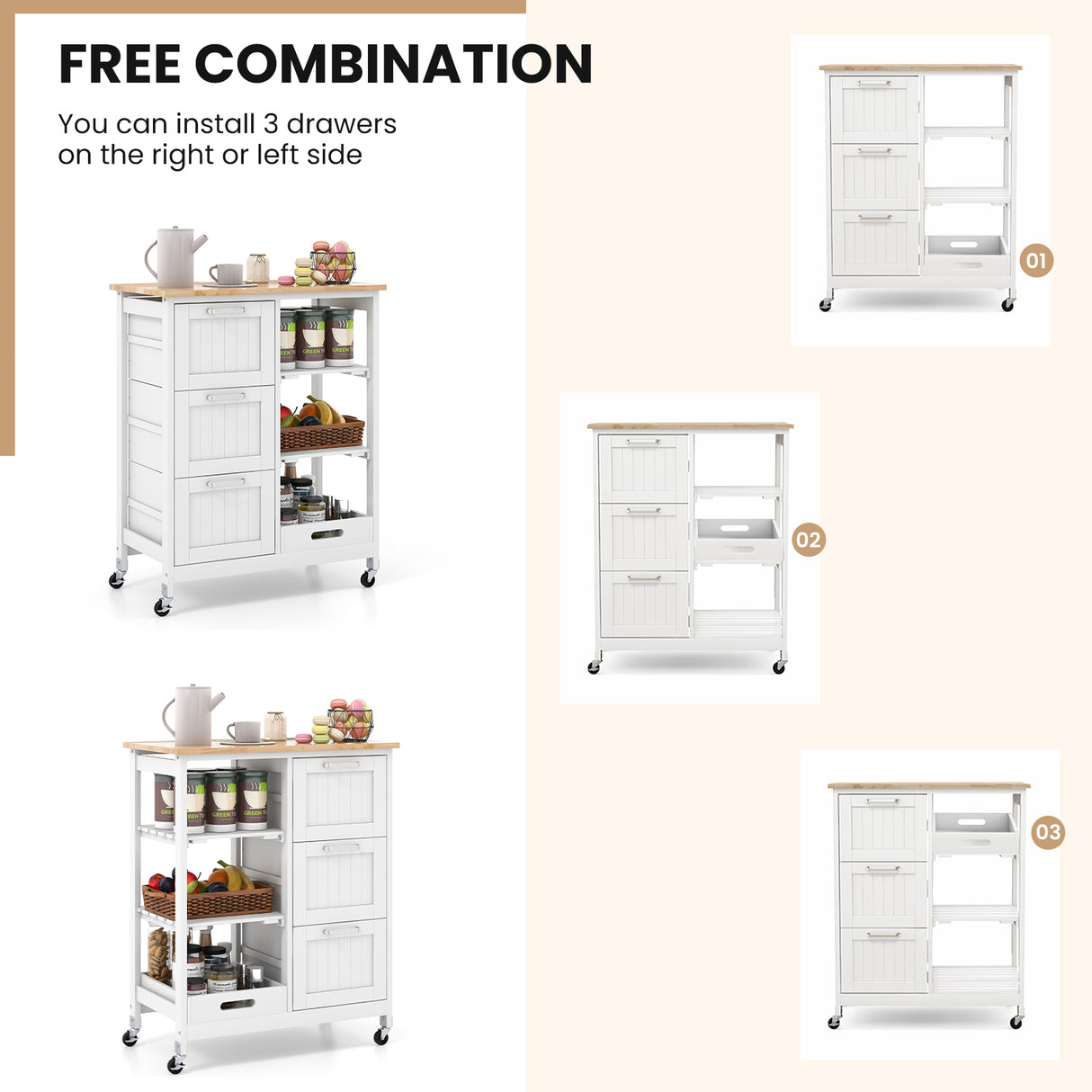 Rolling Kitchen Island Utility Storage Cart with 3 Large Drawers-Black