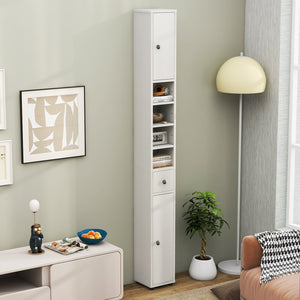Freestanding Slim Bathroom Cabinet with Drawer and Adjustable Shelves-White