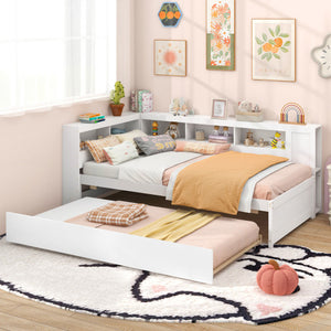 Twin Size Daybed Platform Bed Frame with Trundle and Bedside Shelves-White