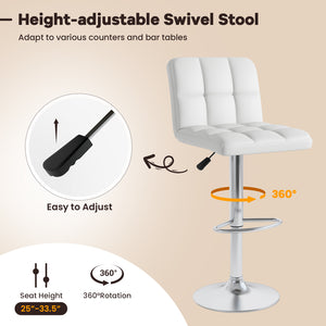 Set of 2 Square Swivel Adjustable PU Leather Bar Stools with Back and Footrest-Black