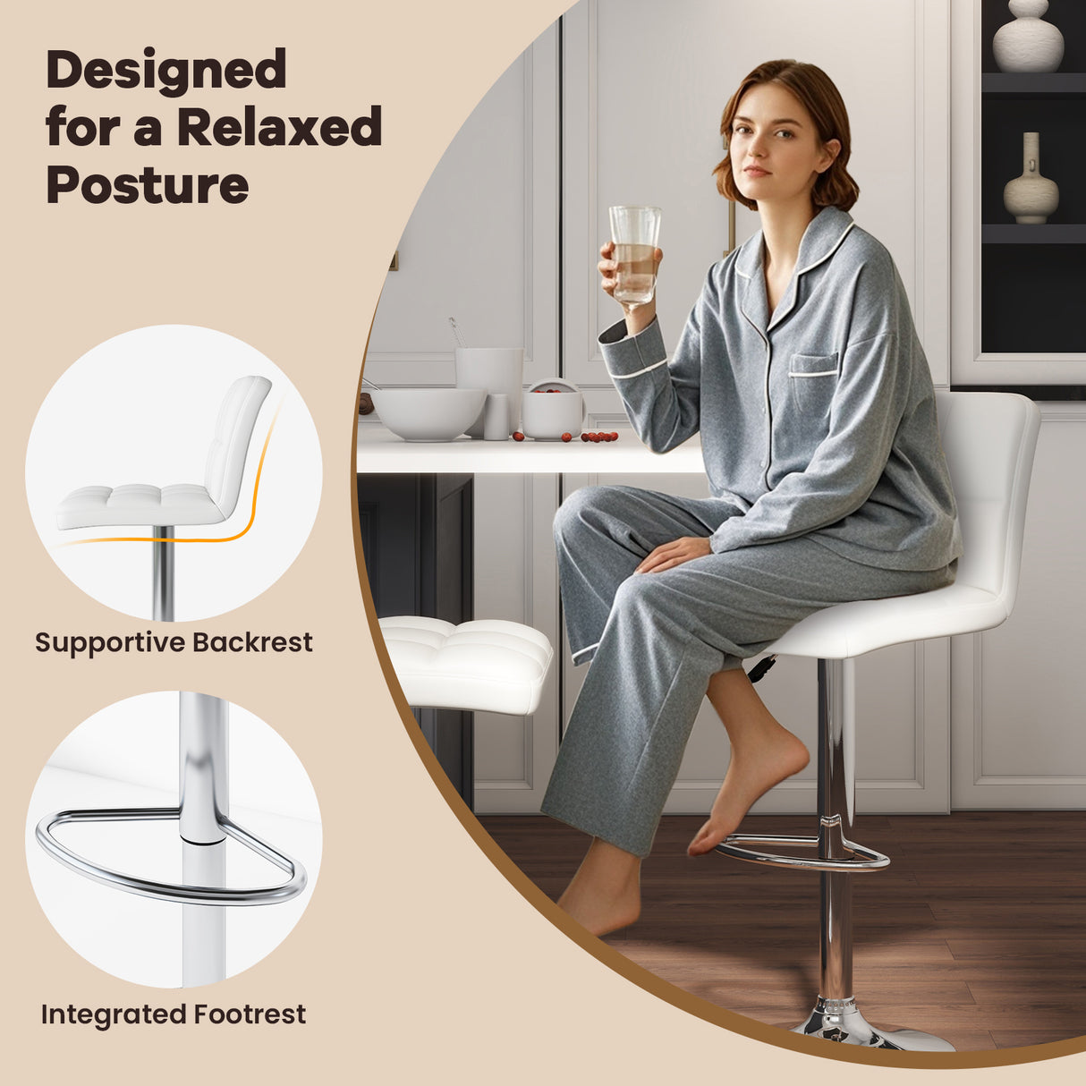 Set of 2 Square Swivel Adjustable PU Leather Bar Stools with Back and Footrest-Black