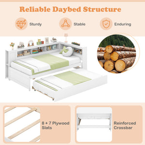 Twin Size Daybed Platform Bed Frame with Trundle and Bedside Shelves-White
