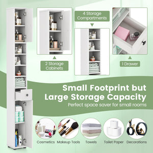 Freestanding Slim Bathroom Cabinet with Drawer and Adjustable Shelves-White