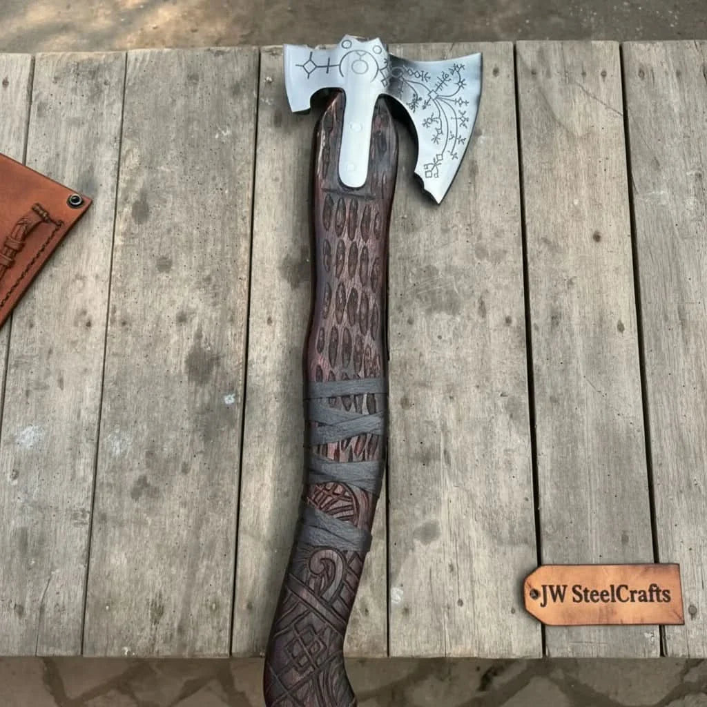 Engraved Leviathan Axe Replica with Carved Wood Handle