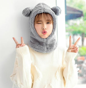 Winter Cute Bear Ears Warm Hat Windproof Neck Scarf Cap Student Women Plus Cashmere Cap Unisex Keep Warm Sports Beanies Knitted Headgear Face Hooded Cowl Neckerchief with Drawstring Soft Balaclava Pullover Knitted Beanie