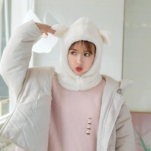 Winter Cute Bear Ears Warm Hat Windproof Neck Scarf Cap Student Women Plus Cashmere Cap Unisex Keep Warm Sports Beanies Knitted Headgear Face Hooded Cowl Neckerchief with Drawstring Soft Balaclava Pullover Knitted Beanie