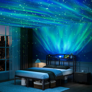 HAVONIZD Queen Size Bed Frame - Storage Headboard with Charging Station & Galaxy Aurora Projector 14 Inch Sturdy Metal Platform Bed Frame No Box Spring Needed Easy Assembly No Noise Black