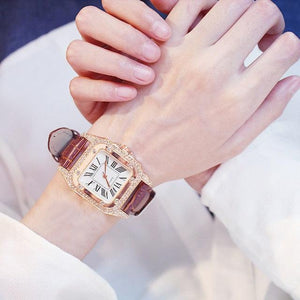 Women Diamond Watch Starry Square Dial Bracelet Watches Set Ladies Leather Band Quartz Wristwatch Minimalist Transparent Leather Watch For Girls Band Casual Analog Quartz Ladies Watch