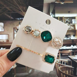 Women Hair Clips Set Jewelry Fashion Green Crystal Hair Accessories Luxury Simulation Pearl Barrette Pin For Girl Gift Ornaments Fashion Hairgrips Accessories For Party