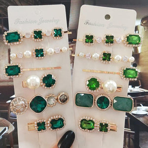 Women Hair Clips Set Jewelry Fashion Green Crystal Hair Accessories Luxury Simulation Pearl Barrette Pin For Girl Gift Ornaments Fashion Hairgrips Accessories For Party