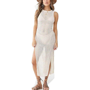 Women Hollow Out Sleeveless Bikini Swimsuit Side Split Long Beach Dresses